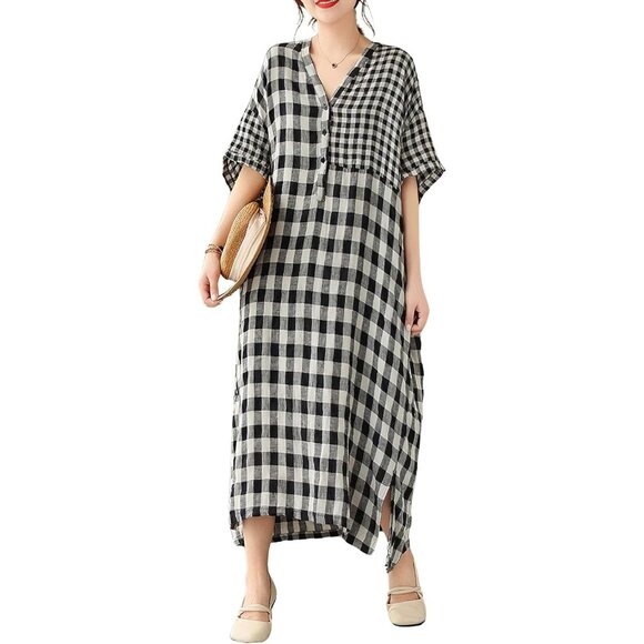 Dresses & Skirts - Women's Linen Dress Summer Casual Loose Gingham Midi Cotton Flowy